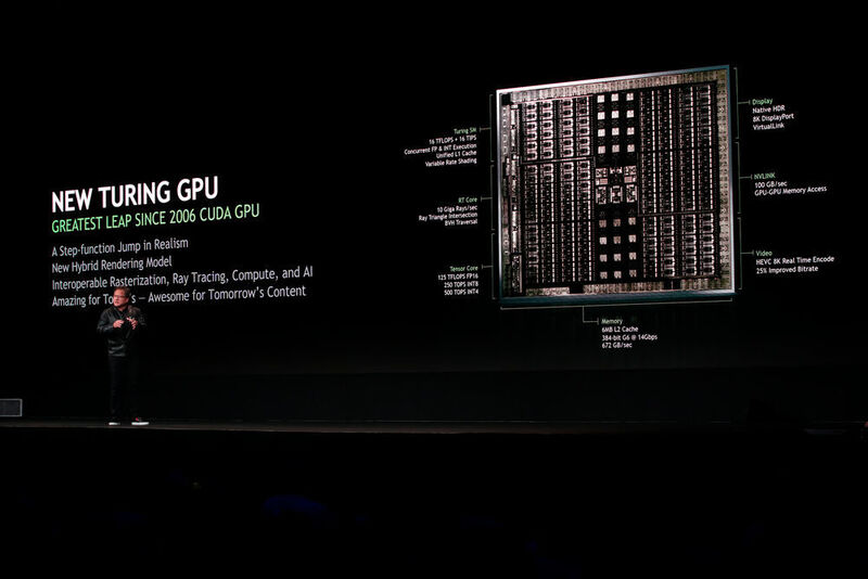 Die Geforce-RTX-Karten basieren auf der Turing-GPU, die Nvida auch bei der neusten Quadro-Generation einsetzt. Die Kombination von speziellen Raytracing- und Tensor-Cores soll erstmals Echtzeit-Raytracing-Effekte in Spielen ermöglichen. (Nvidia)