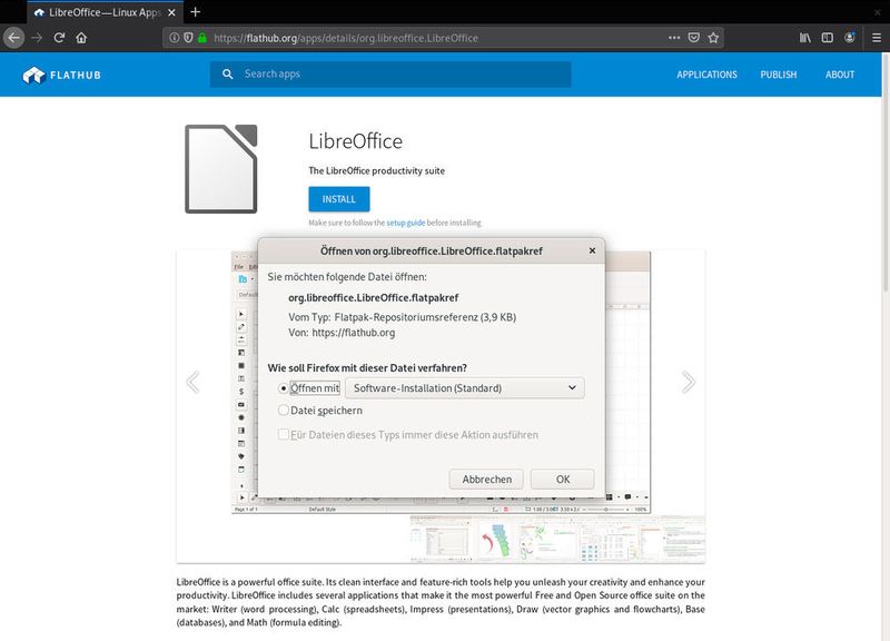 ... öffnet sich eine Unterseite. Über die Schaltfläche „Installation“ wird dann eine Repository-Referenz heruntergeladen und mit der Gnome-Softwareverwaltung geöffnet. (Augsten / Fedora Silverblue)