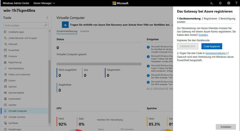Im Windows Admin Center werden das lokale Netzwerk und die lokalen Hyper-V-Hosts mit Funktionen aus Microsoft Azure verbunden. Auch Azure-VMs lassen sich im Windows Admin Center verwalten. (Microsoft / Joos)