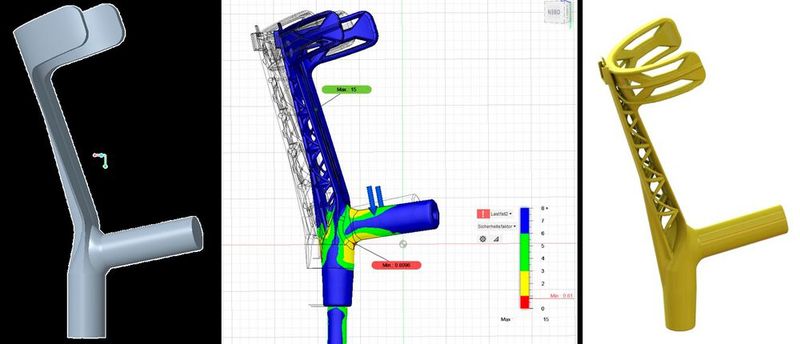 Veronika Selmaier hat im Rahmen ihrer Bachelorarbeit eine Unterarmgehstütze entwickelt, die sich mittels 3D-Druck individuell gestalten und an Patienten anpassen lässt. Links: erste, einfache Geometrie; mitte: Topologieoptimierung; rechts: fertiges CAD-Modell.(Bild:  Veronika Selmaier/HS Landshut)
