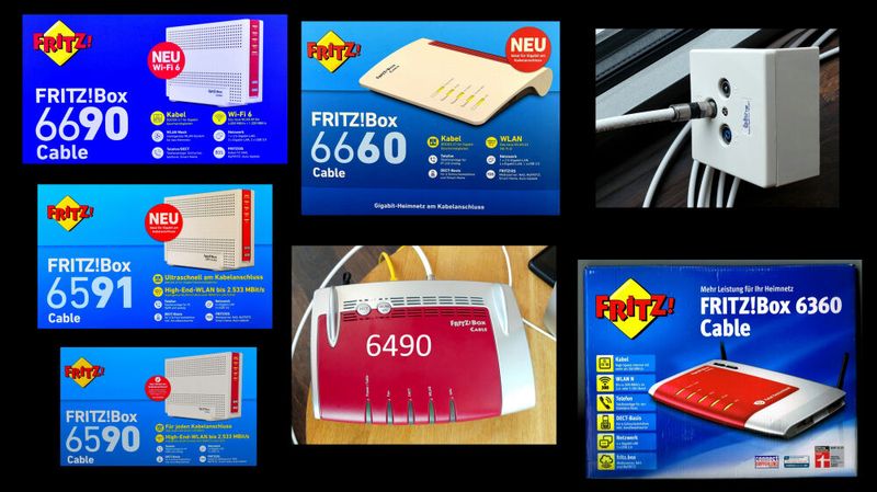 KABEL-Fritzboxen: Anno 2010 kam die Fritzbox 6360 Cable mit fest verbautem Kabel-Internet-Modem bis über 100 MBit/s. Die jüngeren Modelle 6591 von 2019, die 6660 von 2020 und die 6690 von 2022 verstehen schon DOCSIS 3.1 bis über 1000 MBit/s. (Bild: Harald Karcher)