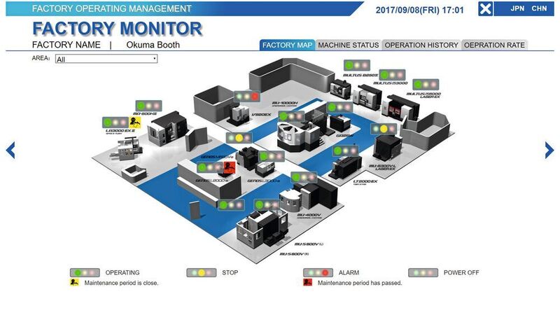 Connect Plan: Die Factory-Monitor-Applikation erlaubt die Visualisierung der gesamten Fertigungsanlage und zeigt den Echtzeitstatus jeder Maschine an.  (Okuma)