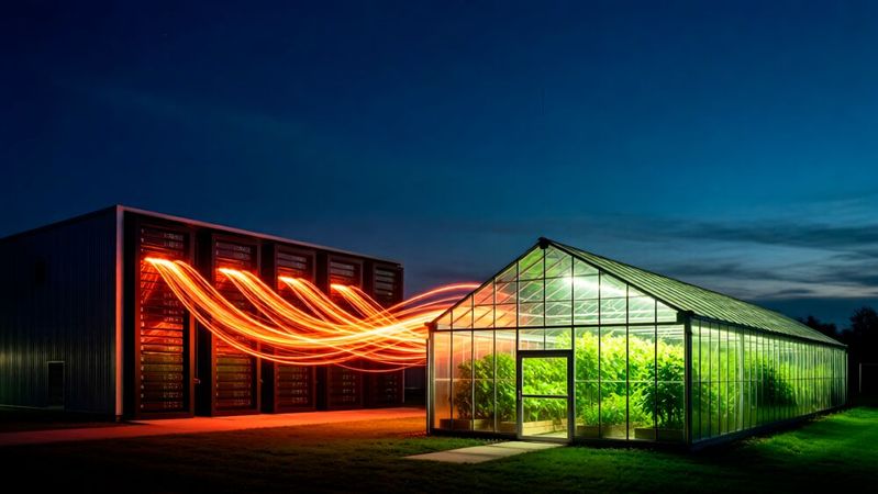 So einfach wie auf dem KI-generierten Bild ist die Nachnutzung von Serverwärme nicht; doch in der EU sollen möglichst alle Rechenzentren Waste Heat Utilization ermöglichen. Die Abwärmenutzung ist eine Nachhaltigkeitskennzahl. (Bild: ©  Kunwer Studio - stock.adobe.com / KI-generiert)