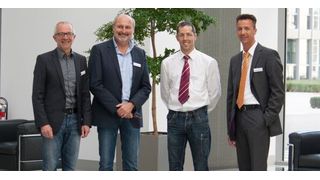 Das TDM-Team von GROB aus Mindelheim (v.l.n.r.): Georg Wilbiller,  TDM-Administrator, Günther Frühschütz, Leiter Werkzeugmanagement, Markus Frank, Leiter Fertigungssupport und Jens Schuster, Gebietsverkaufsleiter TDM Systems. (TDM Systems)