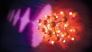 Künstlerische Darstellung: Mittels Röntgenpulsen untersuchte ein internationales Team an Forschenden, wie Gold mit Wasserstoff reagiert und so genanntes Goldhydrid bildet. (Bild: Greg Stewart/SLAC)