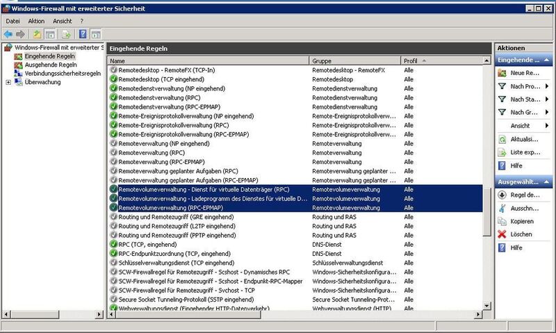 Abbildung 2: Serverseitig und auf dem Windows-7-Computer muss die Remotevolumenverwaltung in der Firewall manuell frei geschaltet werden. (Archiv: Vogel Business Media)