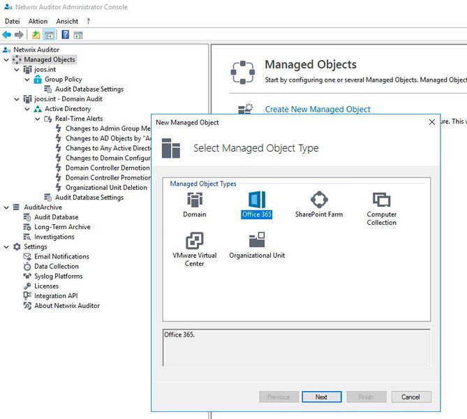 Über den Menüpunkt „Managed Objects“ lassen sich weitere Objekte hinzufügen, die Netwrix Auditor überwachen soll. Hier lassen sich dann auch einzelne Organisationseinheiten gezielt überwachen, was auch bei der Umsetzung von Gruppenrichtlinien relevant ist. Arbeiten Anwender mit der Cloud, zum Beispiel Office 365, lässt sich auch das anbinden, parallel zur Überwachung der Gruppenrichtlinien. (Thomas Joos)