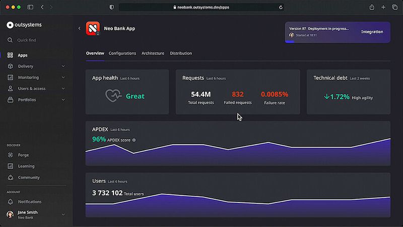 Die neue Cloud-Architektur von „Project Neo“ unterstützt Container and Kubernetes. Diese Bank App hat über 3,7 Mio. gleichzeitige Nutzer, weist aber eine Fehlerrate von unter 0,01 Prozent auf.  (OutSystems)