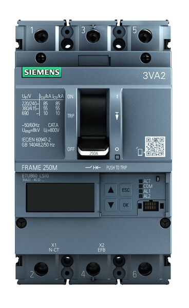 Zu den Produktneuheiten von Siemens gehören unter anderem Leitungsschutz- und Fehlerstrom-Schutzgeräte mit einheitlichem Design und Zubehör, die Lasttrennschalter 3KD mit verbesserten Schutzfunktionen sowie die Kompaktleistungsschalter 3VA (Bild) aus dem Sentron-Portfolio. Die Geräte der Reihe 3VA sind in verschiedenen Ausführungen bis 630 A verfügbar und lassen sich platzsparend verbauen. Mit über 500 Zubehörmodulen lassen sie sich modular konfigurieren und mit über 70 Zusatzfunktionen erweitern. Erstmals verfügbar sind zum Beispiel eine integrierte Messfunktion für Energiedaten, eine Lasttrennschalter-Variante sowie Kompaktleistungsschalter mit Seitenwand-Drehantrieb. Ein Online-Produktkonfigurator und zwölf abrufbare CAx-Datenarten wie 3D-Modelle und EPLAN-Makros erleichtern das Engineering der Schutzgeräte. Auch Mittelspannungs-Komponenten und -Systeme, Schaltanlagen, Schienenverteiler-Systeme und Systeme für das Energie-Monitoring sowie Komponenten für das sichere Laden von Elektrofahrzeugen werden auf der belektro präsentiert. (Bild: Siemens)