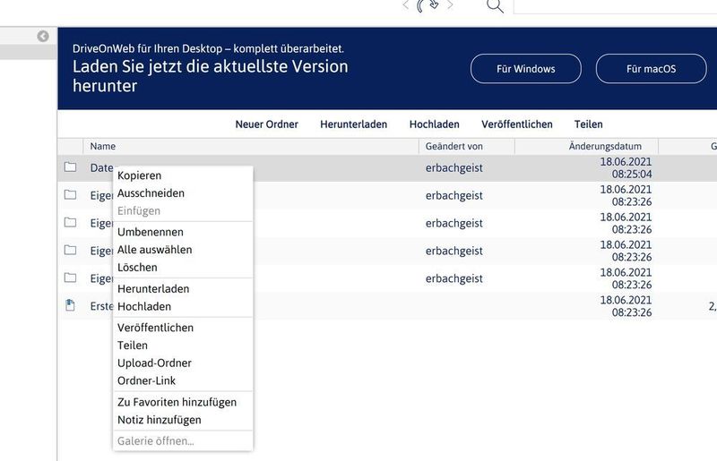 Auch das Kontextmenü steht in der Weboberfläche zur Verfügung. (Joos/DriveOnWeb (Screenshot))