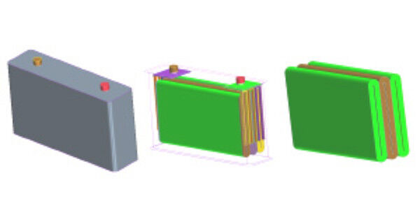 CD-adapco model construction showing external battery case and two variations of wound prismatic cell configuration for combined flow, thermal, and electrochemical simulation using CAEBAT tools. (CD-adapco)