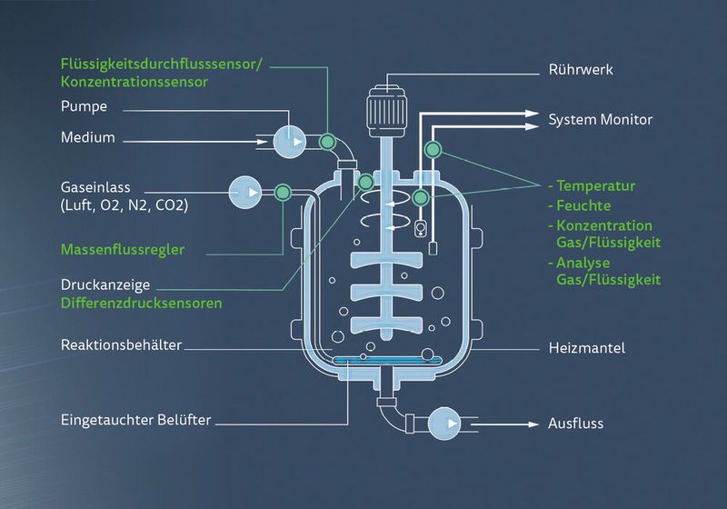 Abb.2: Schema eines Bioreaktors. In grün markiert sind Messpunke für verschiedene Sensoren.