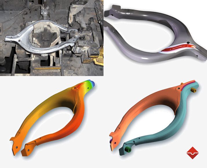 Schweißen eines Bauteils mit Spannvorrichtung: a Realteil, b Verzug, c Temperaturverteilung und d Simulationsmodell. (Bild: Simufact)
