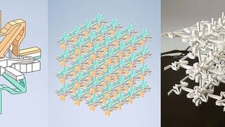 On the left, a uniform cell made of structural elements. In the middle, the construction of the programmable material from many cells is shown constructively. On the right, the 3D printed demonstrator. (Source: Fraunhofer IWM)