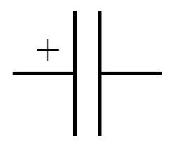 Wickelspeicher: Schaltzeichen eines gepolten Kondensators, etwa eines Elektrolyt-Kondensators (Elko), nach EN-60617.