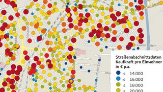 Hier wohnen die potenzialträchtigen Kunden: Geomarketing ermöglicht detaillierte Marktanalysen auf räumlicher Ebene. (Grafik: GfK | Karte erstellt mit RegioGraph – Beloch & Franzbach GmbH)