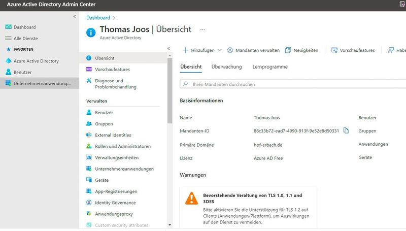 Das Azure AD Admin Center bietet erweiterte Möglichkeiten für die Verwaltung der verschiedenen Azure-AD-Dienste. (Bild: Joos)