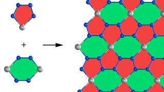 Eine einzelne Beryllonitren-Schicht besteht aus BeN₄-Fünfecken und Be₂N₄-Sechsecken. Die Beryllium-Atome sind als graue Bällchen, Stickstoff-Atome als blaue Bällchen dargestellt. (M. Bykov)