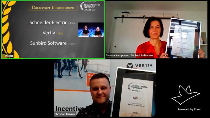 Sunbird Software schafft es auf den silbernen Thron, Vertiv holt Gold  und Schneider Electric erringt Platin. 

Im Bild: Simone Kempmann (Sunbird Software) und Christian Gansen (Vertiv)  (Vogel IT-Medien GmbH)