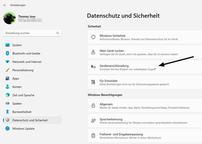Die Geräteverschlüsselung kann schnell und einfach in der Einstellungs-App von Windows 10 und Windows 11 aktiviert werden. Die Optionen dazu sind bei „Datenschutz und Sicherheit“ zu finden. (Bild: Joos)