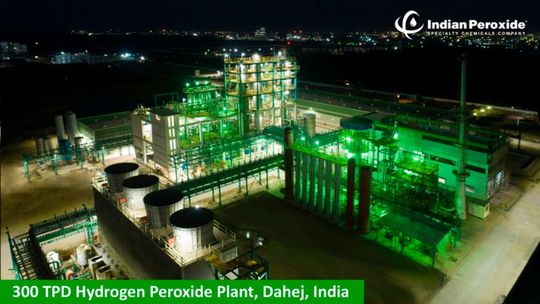 Indian Peroxide operates a 300 TPD world-class hydrogen peroxide facility at Dahej, executed through a phased expansion from 150 TPD to 300 TPD, leveraging advanced Swedish process technology. (Source:  Indian Peroxide)