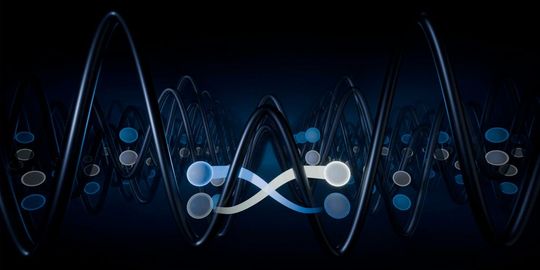 Im Swap-Gatter werden benachbarte Qubit-Zustände (blau und beige) miteinander vertauscht. Die Qubits bestehen aus kalten Atomen, die in einem künstlichen Kristall aus Laserlicht gefangen sind.(Bild:  Mika Blackmore-Esslinger / ETH Zürich)