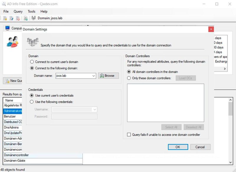 Anpassen der Verbindungsdaten von AD Info zu Active Directory. (Bild: Joos / Cjwdev)