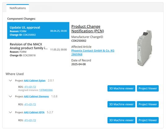 Am Beispiel eines Repeaters mit eineindeutiger Asset ID lässt sich der Verwendungsnachweis sowie die Product Change Notification von Phoenix Contact an der Komponente einsehen.(Bild:  Eplan GmbH & Co. KG)