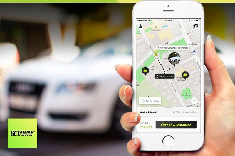 „Getaway“ ist eine App-Lösung, durch die jedes parkende Auto, auch von Privat, nur über das eigene Handy spontan untereinander gemietet und vermietet werden kann – ohne Schlüsselübergabe, rundum versichert, in der Stadt oder auf dem Land. (Getaway)