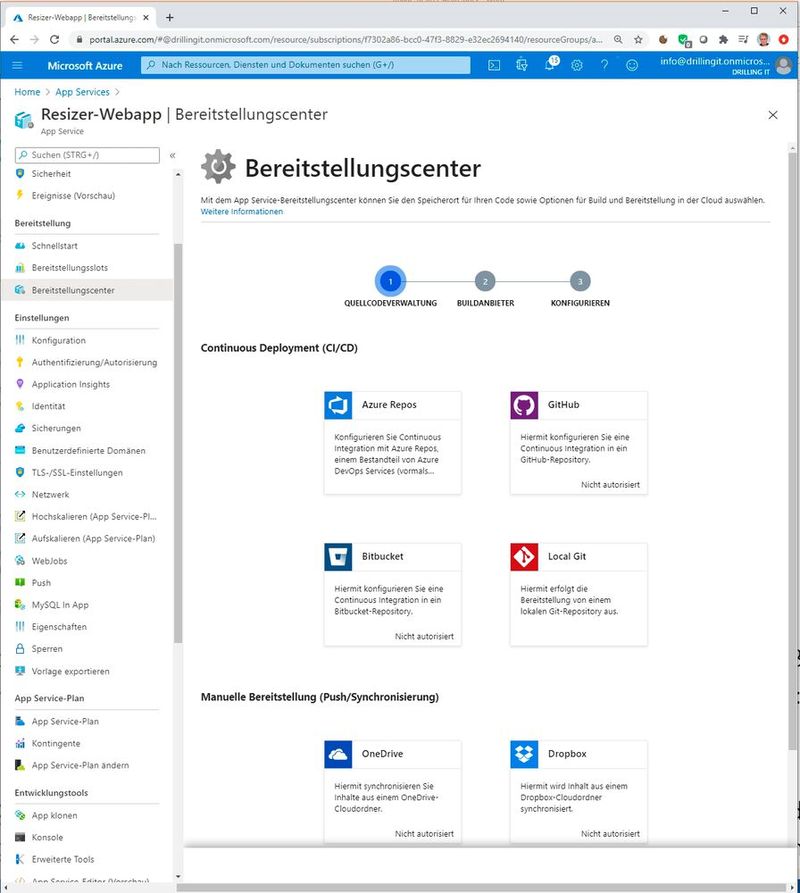 Das Bereitstellungscenter lässt sich mit verschiedenen Code-Hosting-Plattformen koppeln.