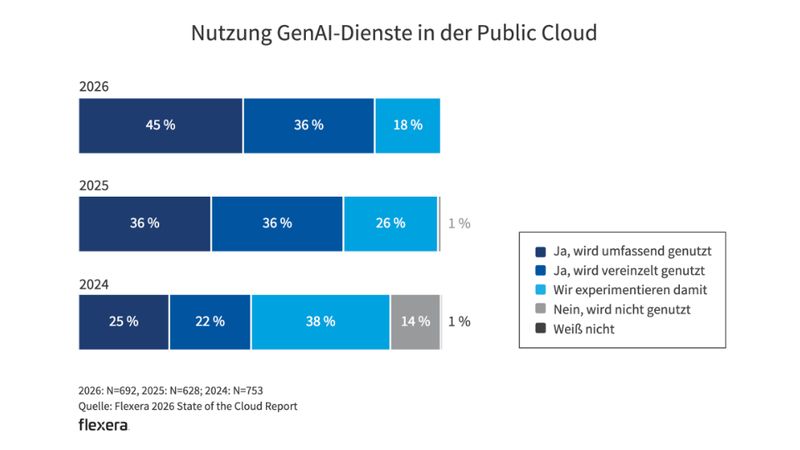 Generative KI ist im Mainstream angekommen. 45 % der Unternehmen nutzen sie bereits intensiv.  (Bild: Flexera)