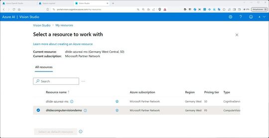 Das Verknüpfen eine Azure-KI-Ressource mit dem passenden Studio, hier Vision Studio.(Bild:  Drilling / Microsoft)