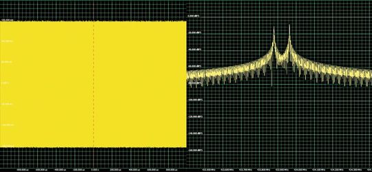 Bild 3: Eine digital codierte, frequenzmodulierte DDS-Wellenform, die Frequenzsprünge zwischen 433,97 und 433,88 MHz ausführt.(Bild:  Spectrum Instrumentation)