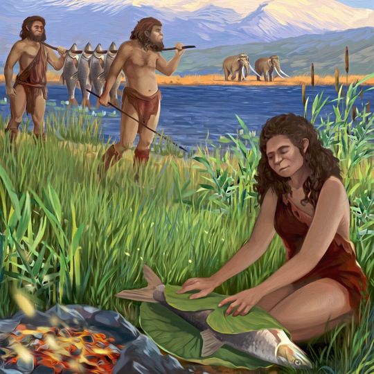 Illustration von Hominiden, die am Ufer des ehemaligen Sees Hula Luciobarbus longiceps, einen großen Karpfenfisch der Familie Cyprinidae, erbeuten und kochen Illustration von Hominiden, die am Ufer des ehemaligen Sees Hula Luciobarbus longiceps, einen großen Karpfenfisch der Familie Cyprinidae, erbeuten und kochen