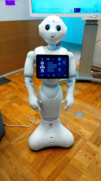 Kognitive Humanoide Robotik: Der Pepper Roboter, bei IBM auch Eve genannt, steht am Eingang des 23. Stockwerks. Die Roboter-Dame begrüßt Kunden, die das Industrielabor besuchen. Sie kann einfache Smalltalks führen und Fakten über das Forschungslabor erzählen. Der Roboter ist mit dem Watson-Konversationsdienst in der Cloud verbunden, der es Eve ermöglicht, natürliche Sprache zu verstehen. Solche Roboter können auch an der Hotelrezeption, im Einzelhandel, im Kundendienst und zu Hause nützlich sein. (Harald Karcher)