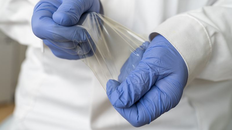 Chitosan-Folien eignen sich aufgrund ihrer ausgewogenen Elastizität und Transparenz gut für Verpackungsanwendungen.(Bild:  Fraunhofer IGB)