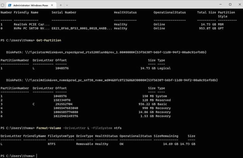 Formatieren von Laufwerken in der PowerShell mit dem Cmdlet „Format-Volume“. (Bild: Joos (Screenshot))