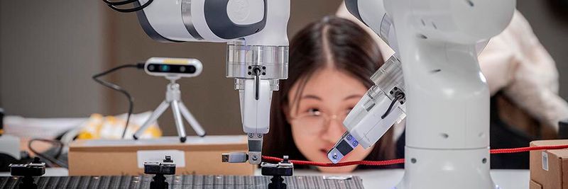Wissenschaftlerin Keija Chen beobachtet, wie ihr Roboter Kabel in die richtige Position bringt. Wissenschaftlerin Keija Chen beobachtet, wie ihr Roboter Kabel in die richtige Position bringt.