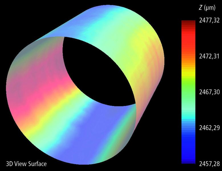 Bild 3: 3D-Messung eines zylindrischen Röhrchens mit einem Soll-Durchmesser von 3 mm (Falschfarbendarstellung). (Archiv: Vogel Business Media)