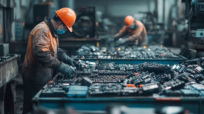 Manuelle Sortierung von Elektronik- und Batterieteilen: Fachkräfte trennen sorgfältig Komponenten für die Weiterverarbeitung. (Bild.Endress+Hauser)