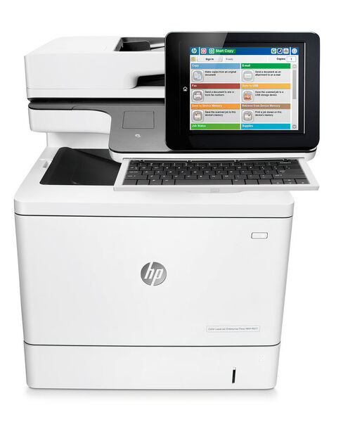 Das Top-Modell der neuen Enterprise-Geräte ist der Farb-MFP Color LaserJet Enterprise Flow MFP M577c. Er ist mit einer ausziehbaren Tastatur für Eingaben während der Dokumentenverarbeitung durch den Scanner ausgestattet. (Bild: HP)