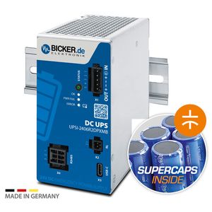 Wartungsfreie 24V DC-USV «Made in Germany»: Die neue Hutschienen-USV Bicker UPSI-2406R2DP2MB mit absolut wartungsfreien Supercaps (EDLC) als Energiespeicher schützt neben Steuerungen und Embedded-IPCs auch sensible Mess-, Regel- und Sicherheitstechnik zuverlässig vor Ausfällen.(Bild:  Bicker)