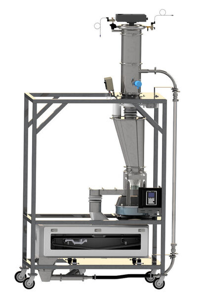 New vibratory feeder in a recirculating system demo - includes 2410 Vacuum Loader, V200 HD Vibratory Feeder, SWB-300 Feeder, and Sanitary Probe Box conveying bulk solid material, along with glass pipe and open trays to view flow of material. (Coperion K-Tron)