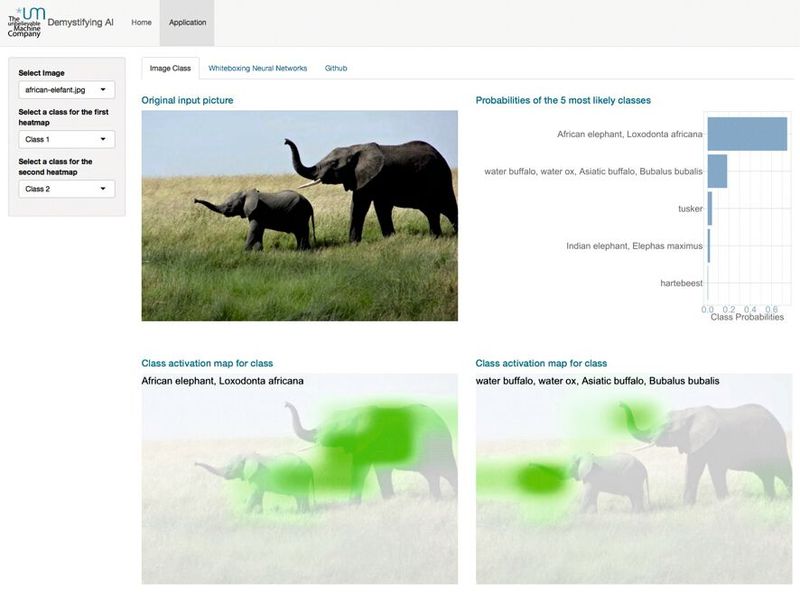 Anhand einer Heatmap wird sichtbar, welche Teile des Bildes das neuronale Netzwerk zur Klassifizierung genutzt hat. Links oben befindet sich das zu klassifizierende Bild, rechts oben das Ergebnis der Klassifizierung (fünf Kategorien, geordnet nach der Wahrscheinlichkeit). Die Bilder darunter zeigen die Heatmaps der beiden wahrscheinlichsten Kategorien. (Bild: The unbelievable Machine Company)