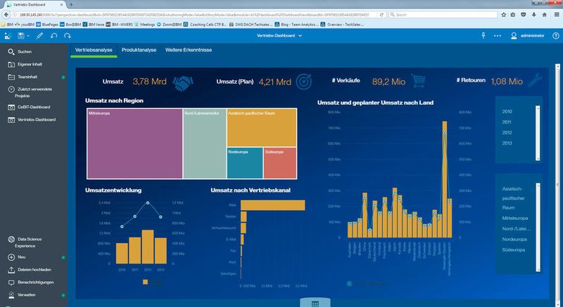 IBM Cognos Analytics von IBM Deutschland GmbH IBM Cognos Analytics ist eine umfangreiche Analyselösung für Unternehmen, mit der Benutzer in den Fachbereichen Daten ohne Unterstützung der IT-Abteilung untersuchen, analysieren, visualisieren und gemeinsam nutzen können. In wenigen Minuten lassen sich von Analysten und Geschäftsbereichsleitern benutzerdefinierte Anwendungen, Dashboards und Visualisierungen erstellen und gemeinsam nutzen. Reporting, Embedded-, Web- und Mobile BI lassen sich alle mit einer Plattform realisieren. Cognos Analytics läuft auch in der IBM Cloud und gewährt so ortsunabhängigen Zugriff.  (IBM)