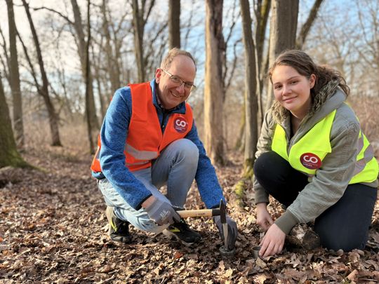 Prof. Dr. Matthias Noll und Doktorandin Alexandra Unglaube von der Hochschule Coburg haben die Probenentnahmen im Frühjahr 2026 bereits getestet. Als Nächstes sammeln sie die echten Proben im Wald. Dabei verzichten sie auf Kunststoff an Kleidung und Werkzeug, um die Proben nicht zu verfälschen.(Bild:  Dr. Eva-Maria Wittmann / Hochschule Coburg)