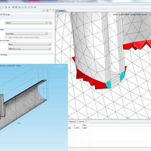 Comsols neue, physikalisch kontrollierte Vernetzung passt die Netzdichte und den Elementtyp den jeweiligen physikalischen Einstellungen an. Das Bild zeigt ein automatisch generiertes Netz, mit einer Mischung aus Prismen- (grau), Hexaeder- (cyan) und Pyramidenelementen (rot), das für eine CFD-Simulation optimiert wurde. Der restliche Bereich (nicht im Bild dargestellt) ist mit Tetraederelementen gefüllt. 