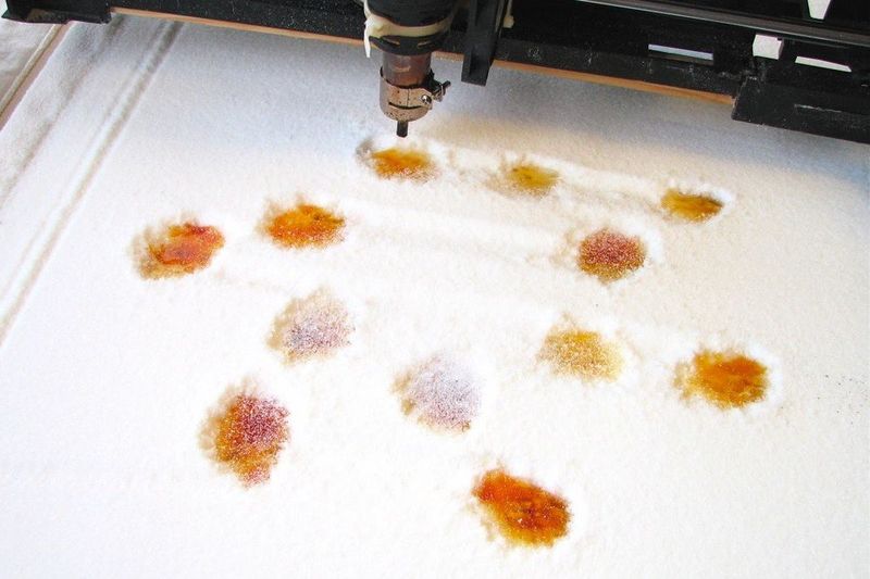 Noch nicht ganz ein 3D-Drucker im engeren sinne: Mit einem herkömmlichen Industriedrucker wird hier Zucker ausgehärtet. Die Heißluft aus der Düse karamellisiert die Kristalle selektiv und färbt die angesteuerten Stellen dunkel. (Foto: commons.wikimedia.org/oskay (CC BY-SA 3.0))