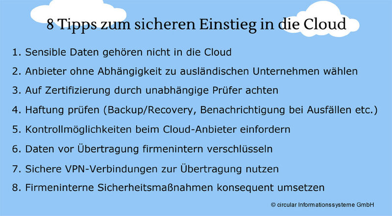 Circular Informationssysteme nennt Acht Tipps zum sicheren Einstieg in die Cloud. (Bild: circular Informationssysteme)