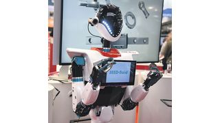 Der humanoide Roboter am Stand von THK nutzt verschiedene Aktuatoren und Sensoren des Herstellers. (Stefanie Michel)